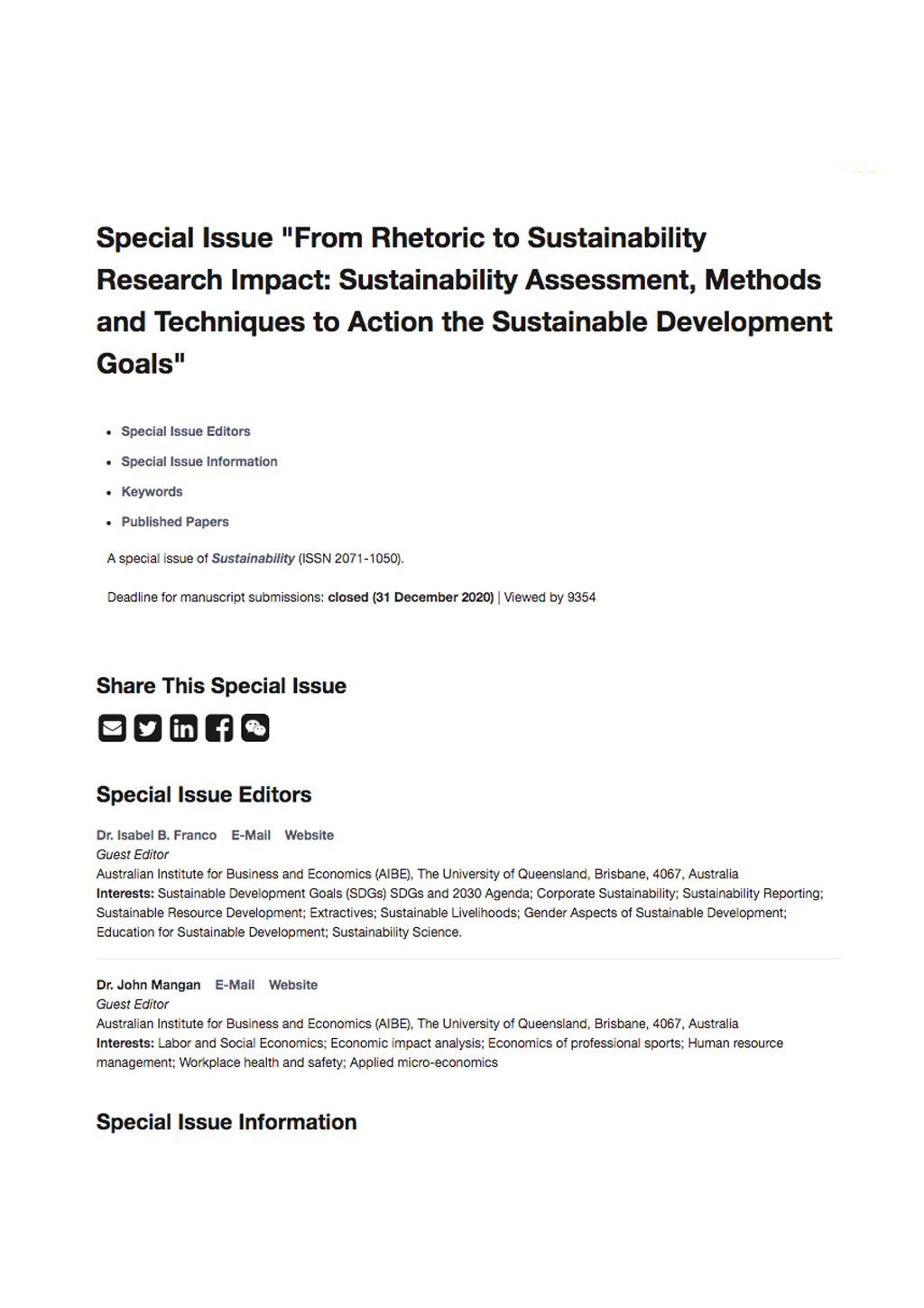 Special Issue “From Rhetoric to Sustainability Research Impact ...